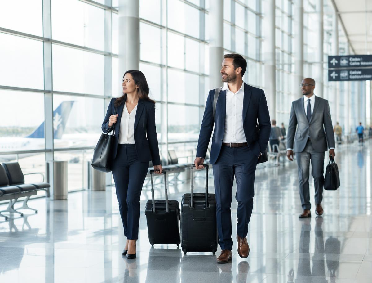 Executivos em deslocamento por um terminal de aeroporto