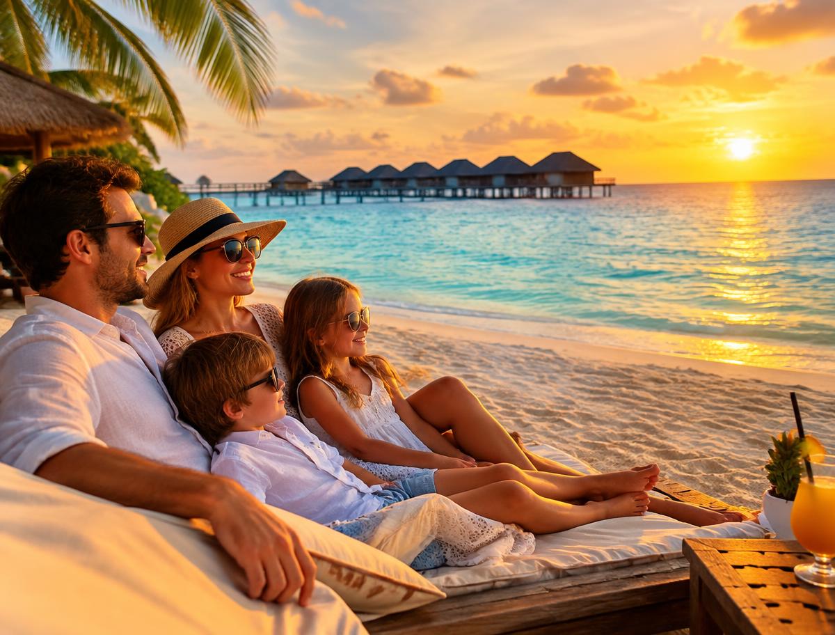 Família aproveitando o pôr do sol em resort de praia